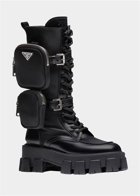 prada black brogue leather zipper combat biker boots motorcycle|Prada Motorcycle Boots .